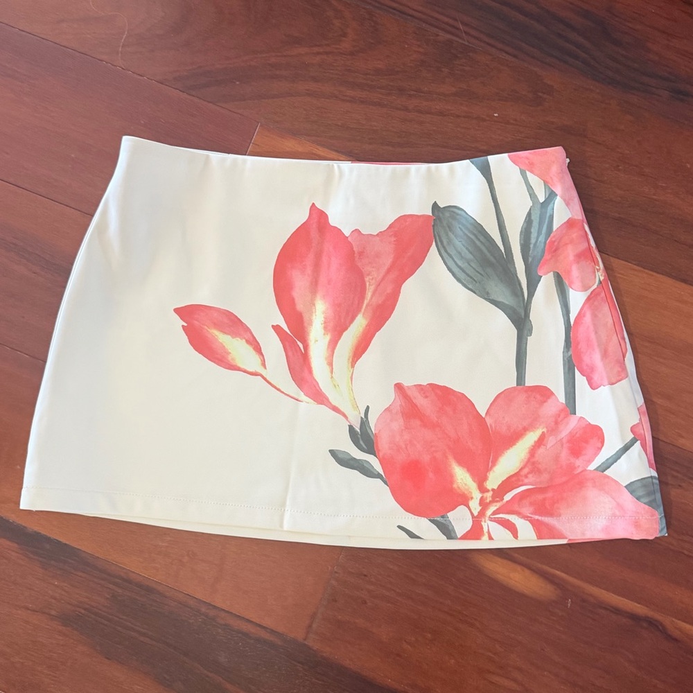 Peppermayo White Mini Skirt with Red Floral Print